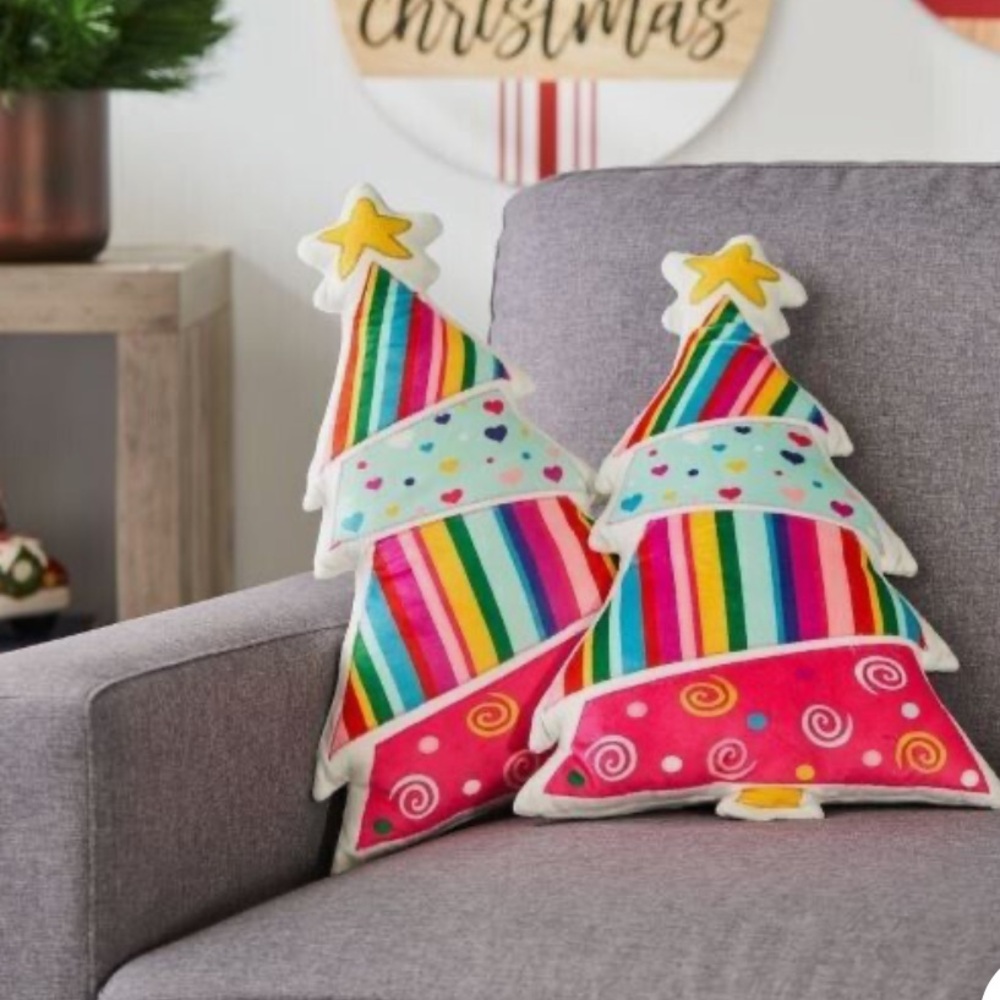NWT Holiday Time Rainbow & hearts colorblock Tree Decorative Pillow Plush 14.5"